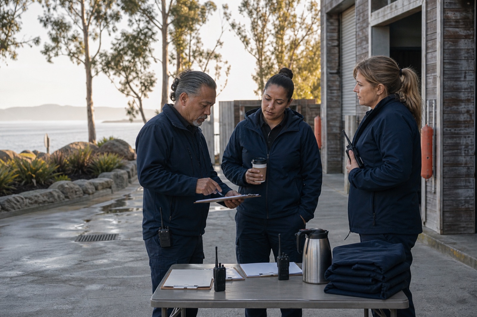 Event operations team briefing outside a Bay Area venue
