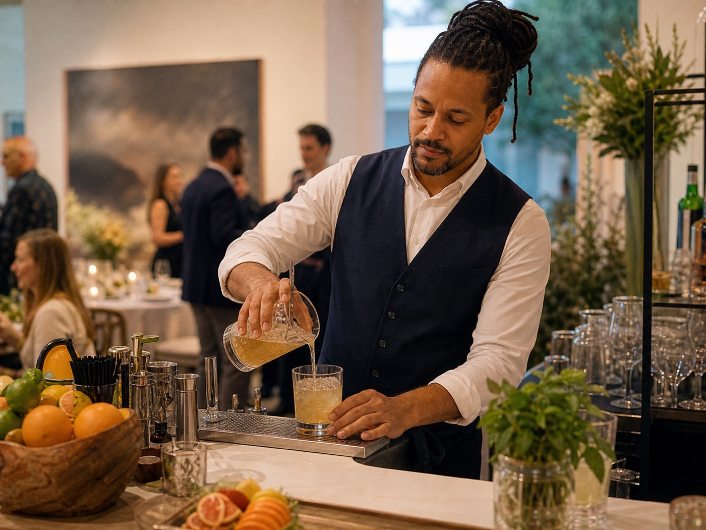 Bartender pouring a drink at a catered reception