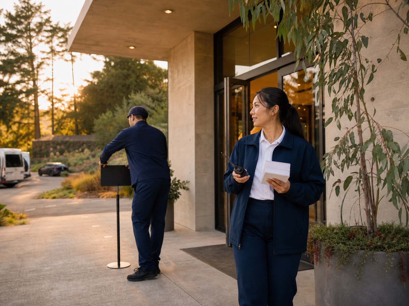 Event coordinator preparing for guest arrival at a venue entrance