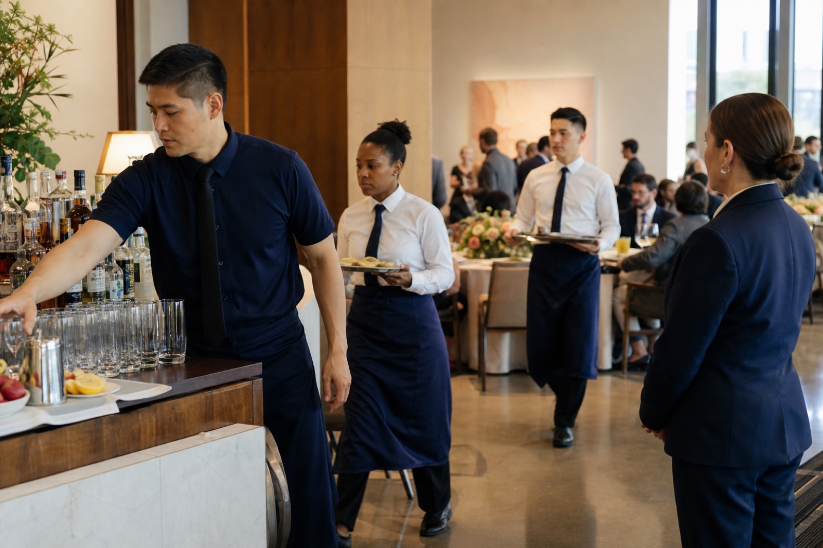 Bartenders and servers coordinating service during a reception