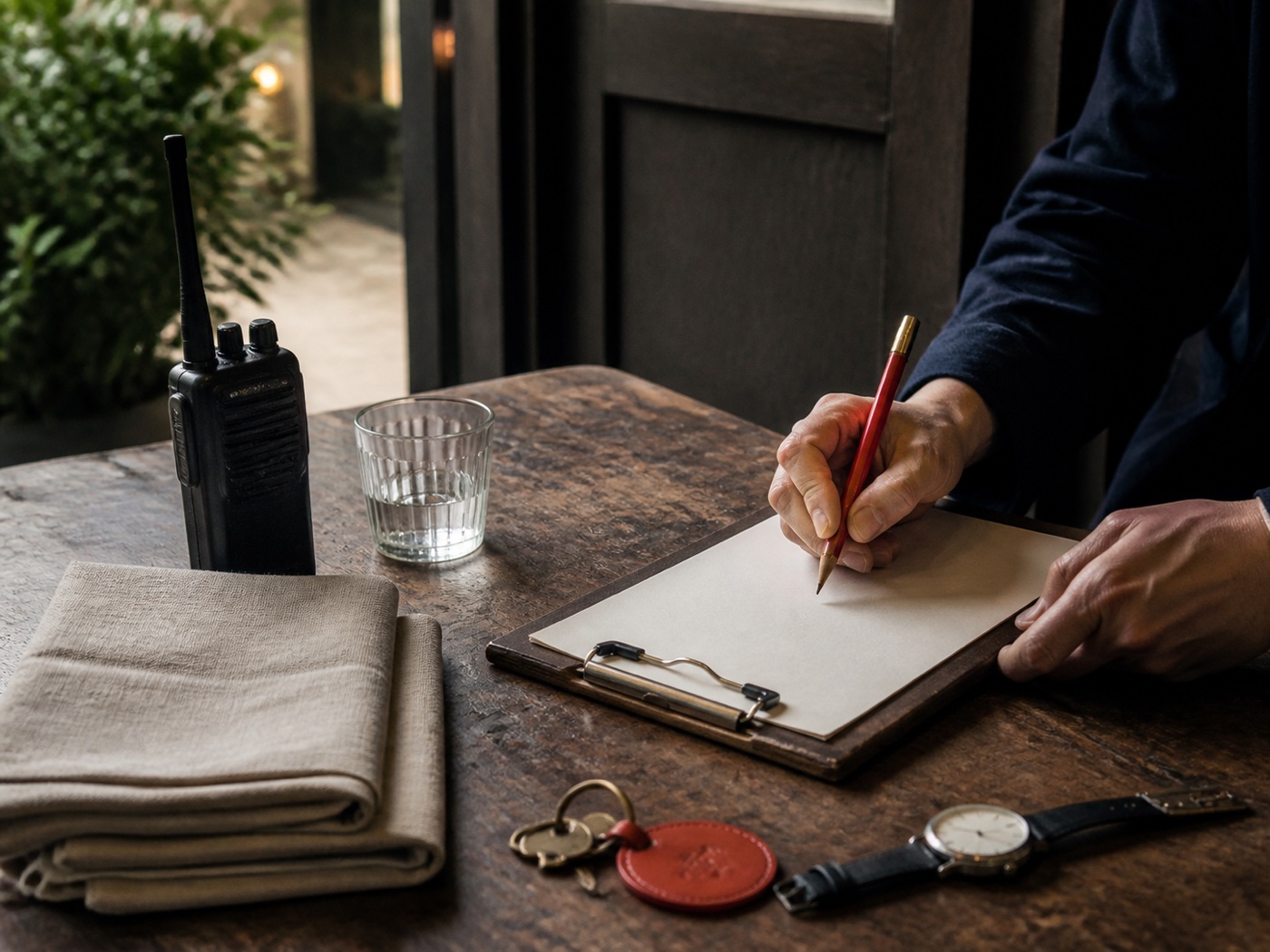 Event operations tools and a blank clipboard on a service table
