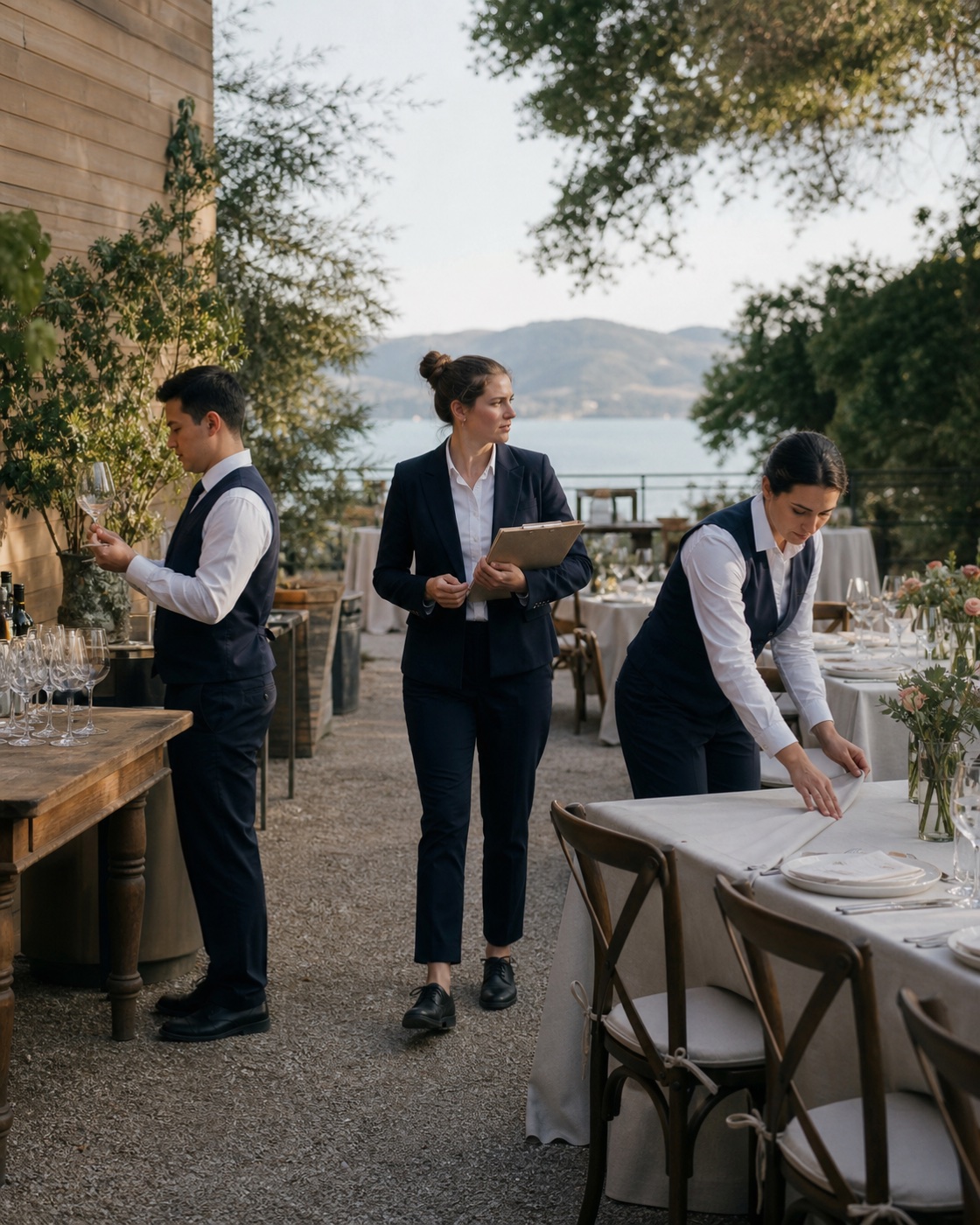 Event staff preparing an outdoor dinner service beside the Bay